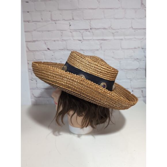 VTG Eric Javits Golden Straw Hat Sun Wide Brim Wide Band Brass And Stone Details - Picture 7 of 16